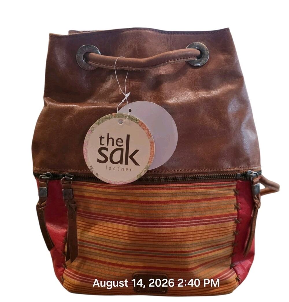 The Sak Camino Leather Convertible Backpack Bucket Bag Brown Stripe NWT 106590